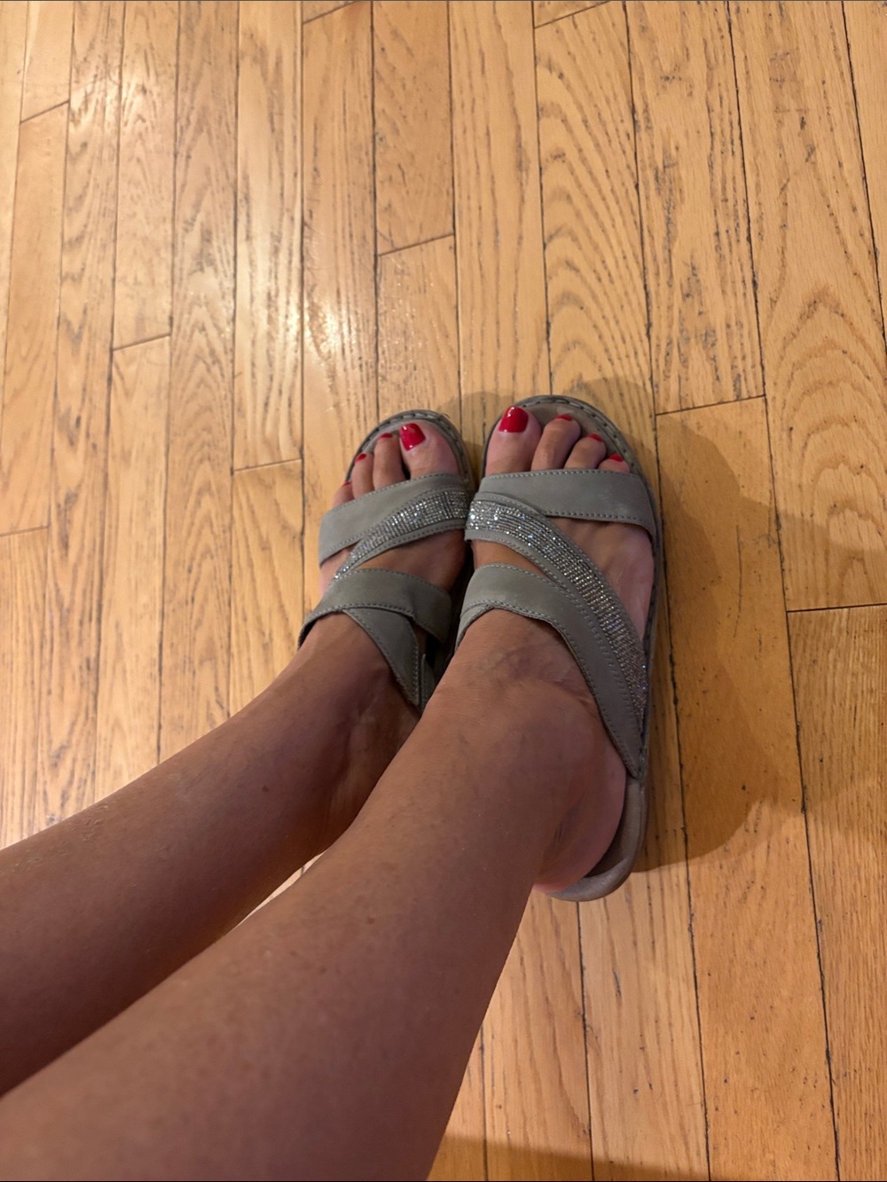 Ara Gray Leather Slip-On Sandals with Metallic Accents